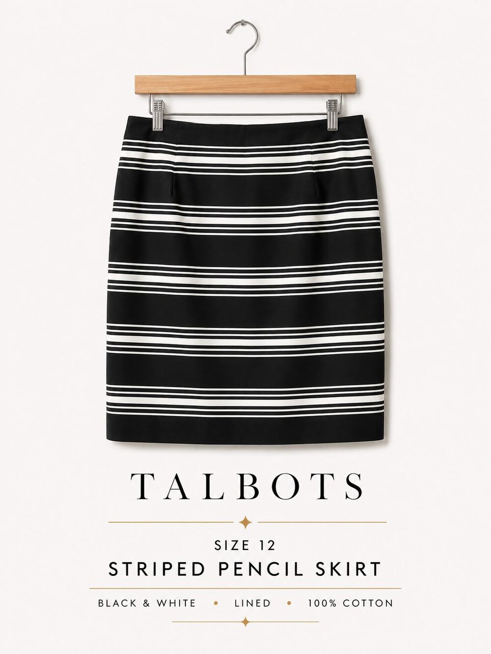 Talbots Size 12 Striped Pencil Skirt Black White Cotton Lined Career